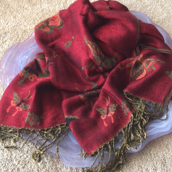 pashmina Accessories - PASHMINA BUTTERFLY PATTERN SCARF • RED/ORANGE/GREEN • 70” x 28”